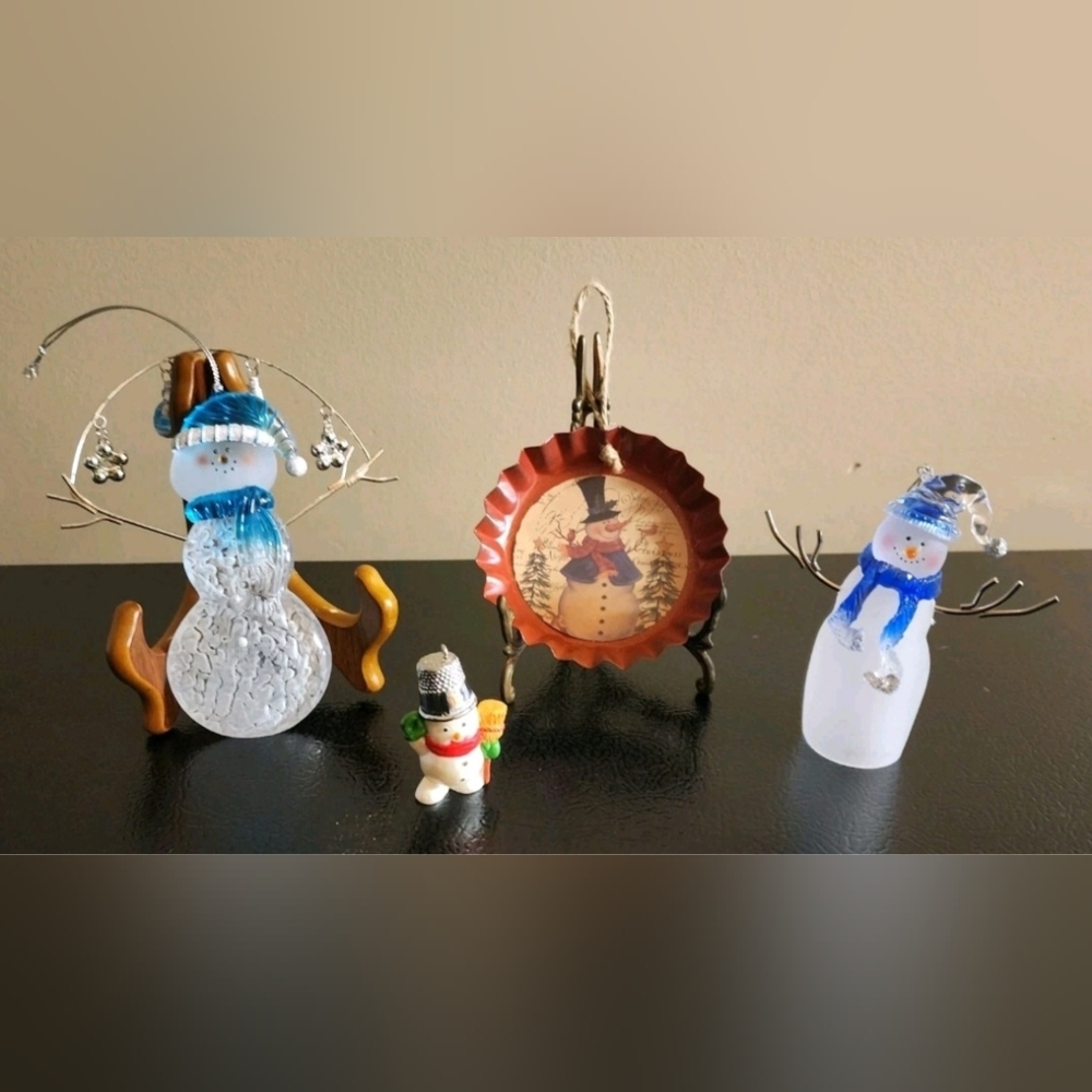 Vintage Lot (4) Snowman Ornaments Glass Acrylic Porcelain Tin Snowmen Christmas
